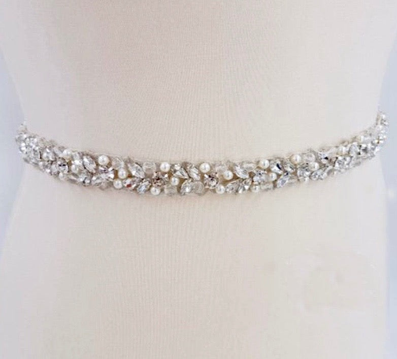 "Jordan" - Silver Pearl and Crystal Bridal Belt/Sash