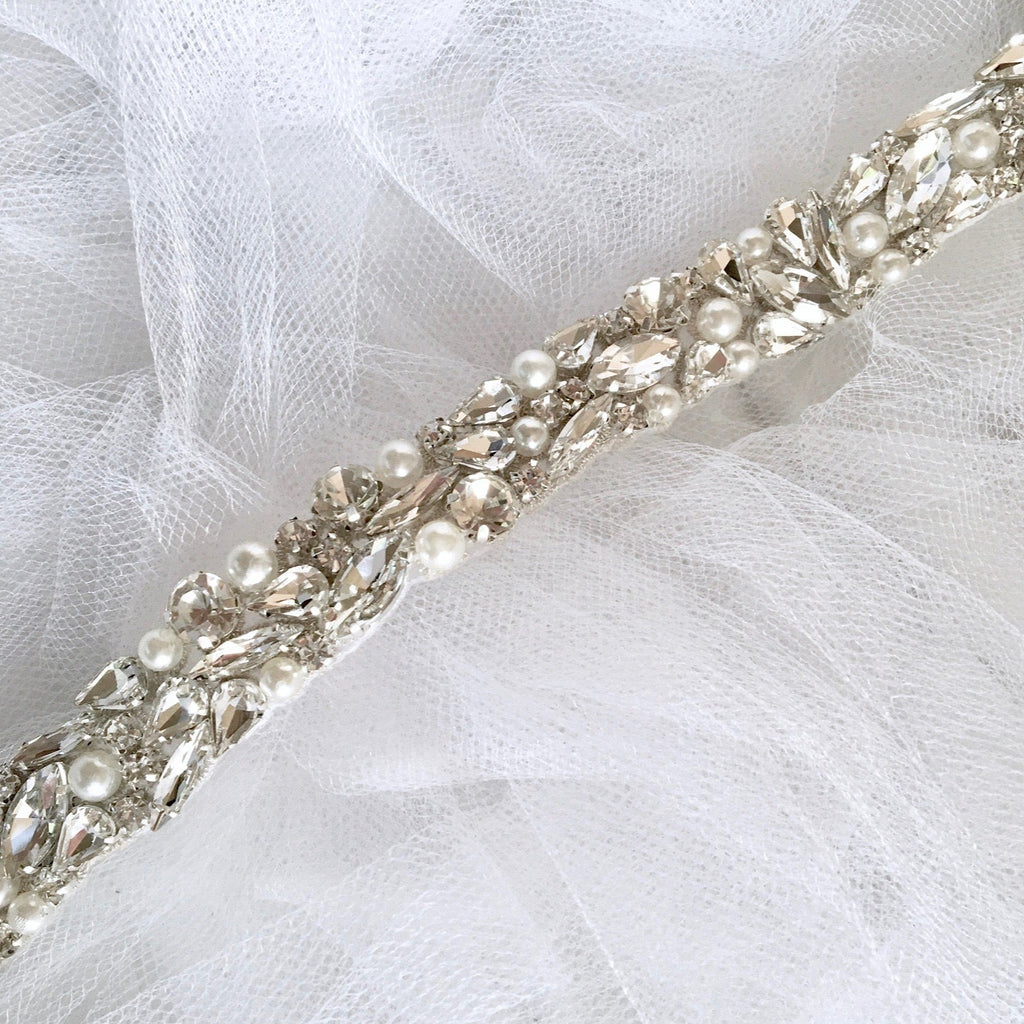 "Jordan" - Silver Pearl and Crystal Bridal Belt/Sash