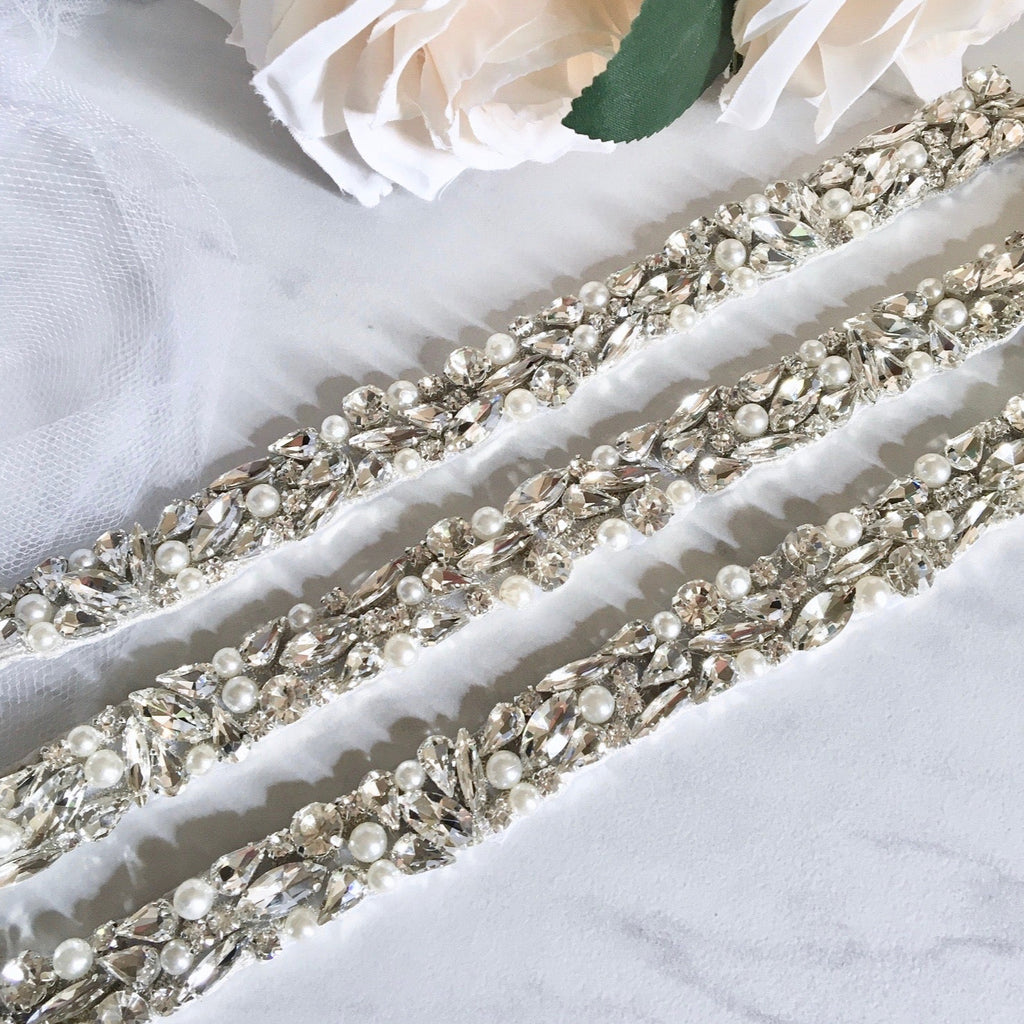 "Jordan" - Silver Pearl and Crystal Bridal Belt/Sash