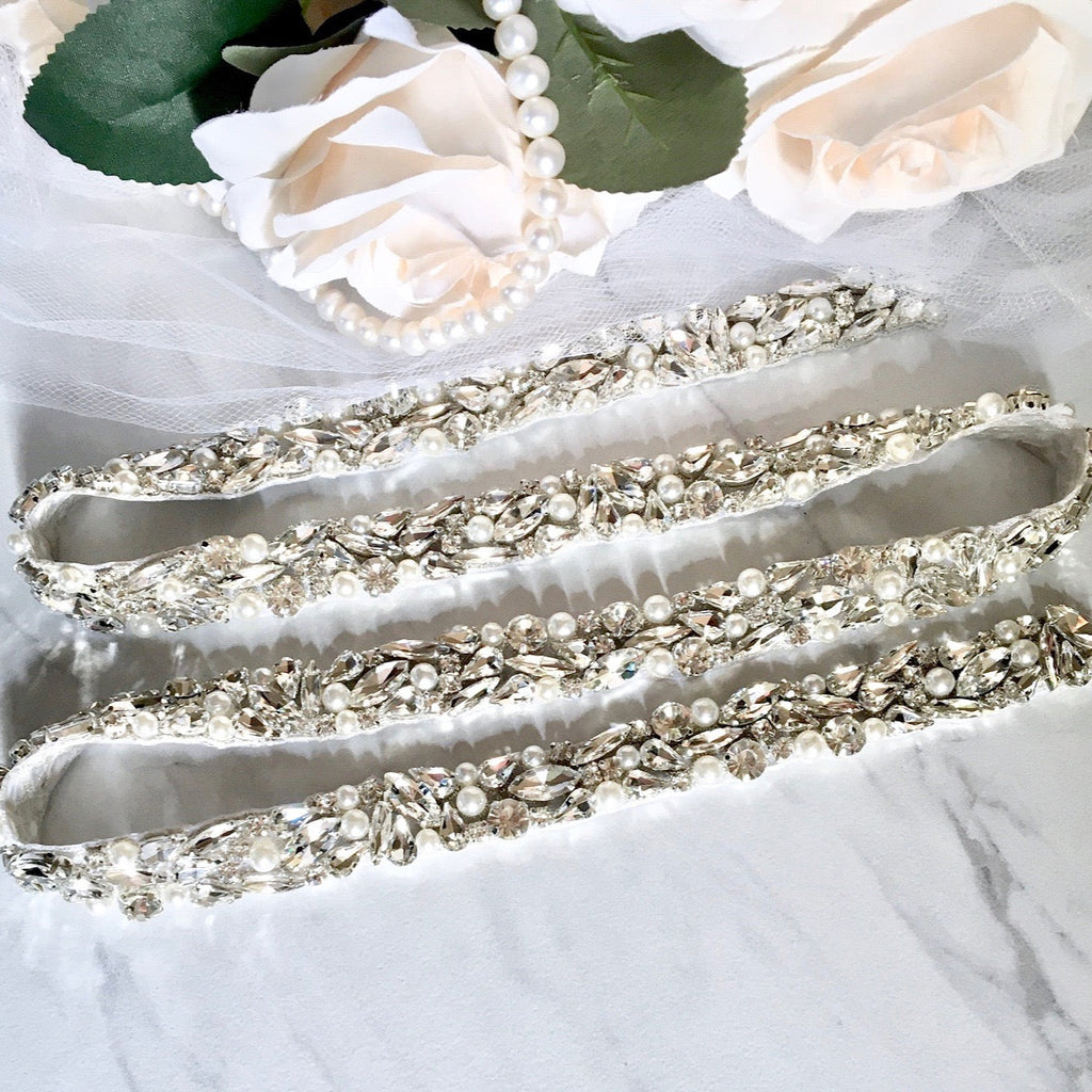 "Jordan" - Silver Pearl and Crystal Bridal Belt/Sash