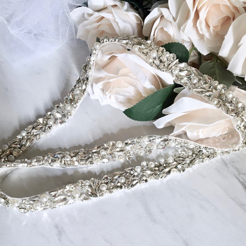 "Jordan" - Silver Pearl and Crystal Bridal Belt/Sash