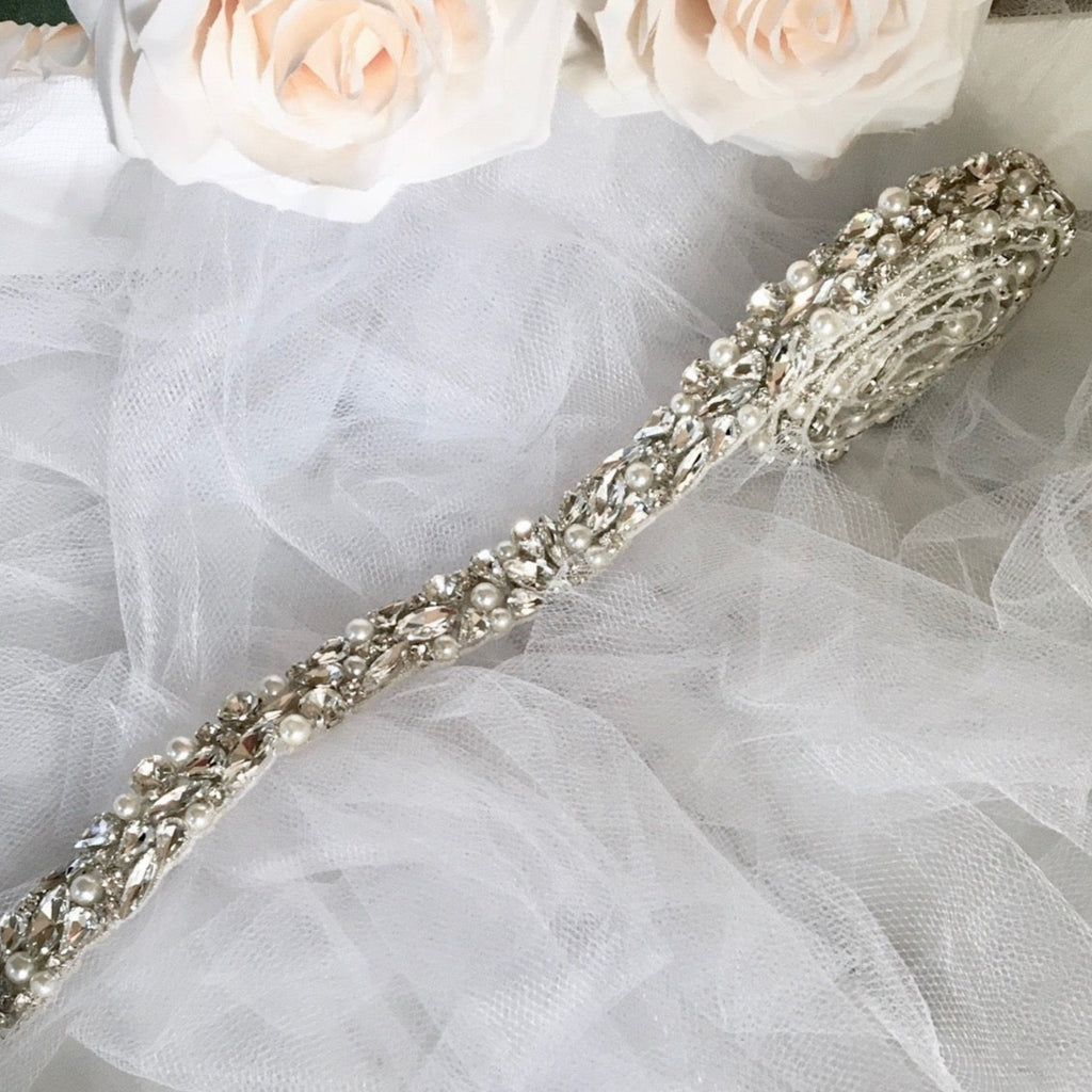 "Jordan" - Silver Pearl and Crystal Bridal Belt/Sash