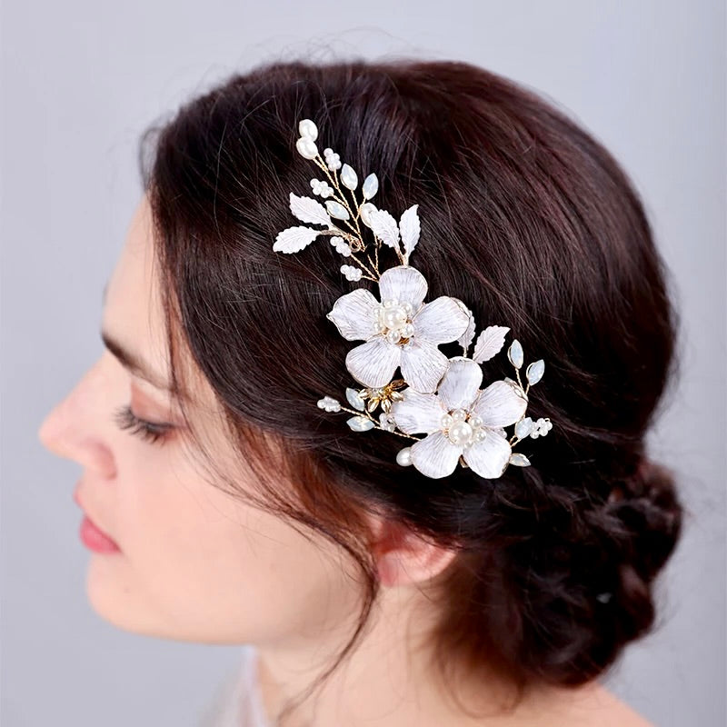 Wedding Hair Accessories - Gold Pearl and Opal Bridal Hair Clip