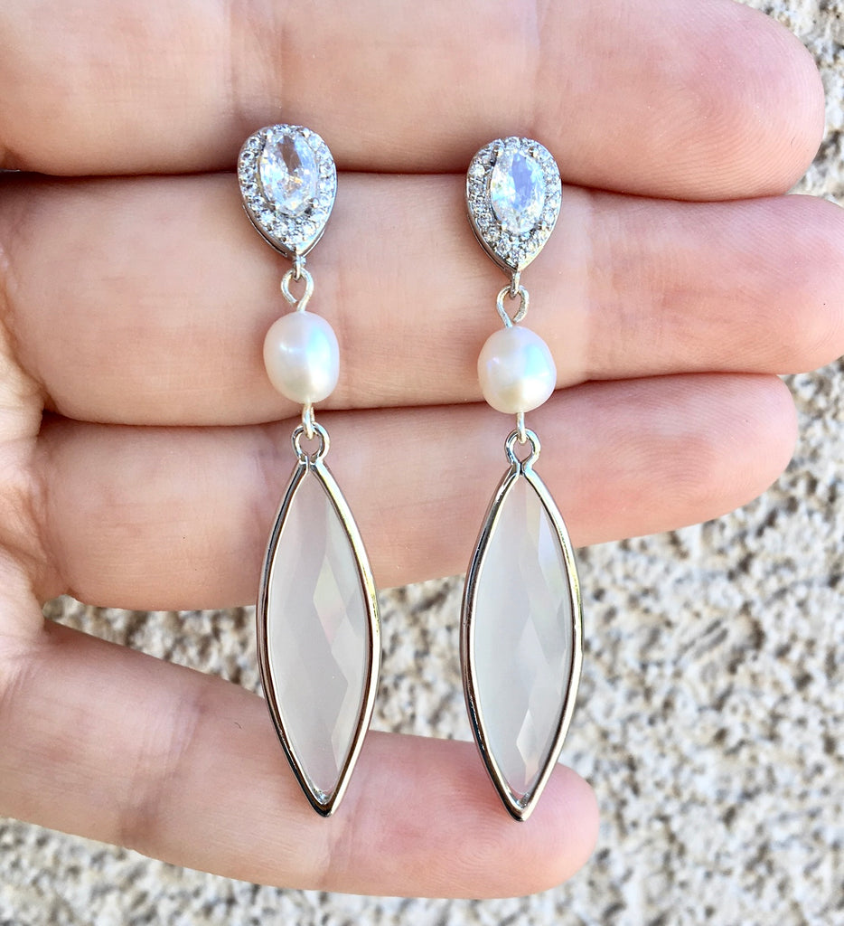 Wedding Jewelry - Natural Pearls and White Opal Bridal Earrings