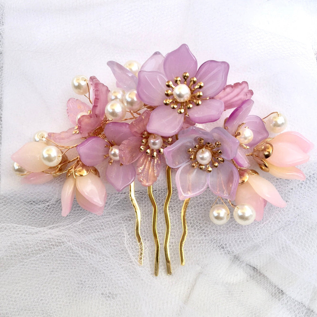 Wedding Hair Accessories - Pink Pearl and Glass Flowers Bridal