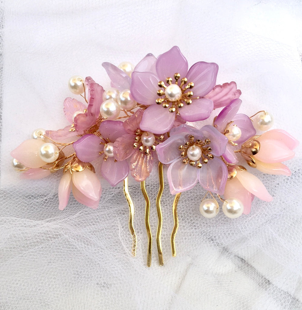 Wedding Hair Accessories - Pink Pearl and Glass Flowers Bridal Hair Comb