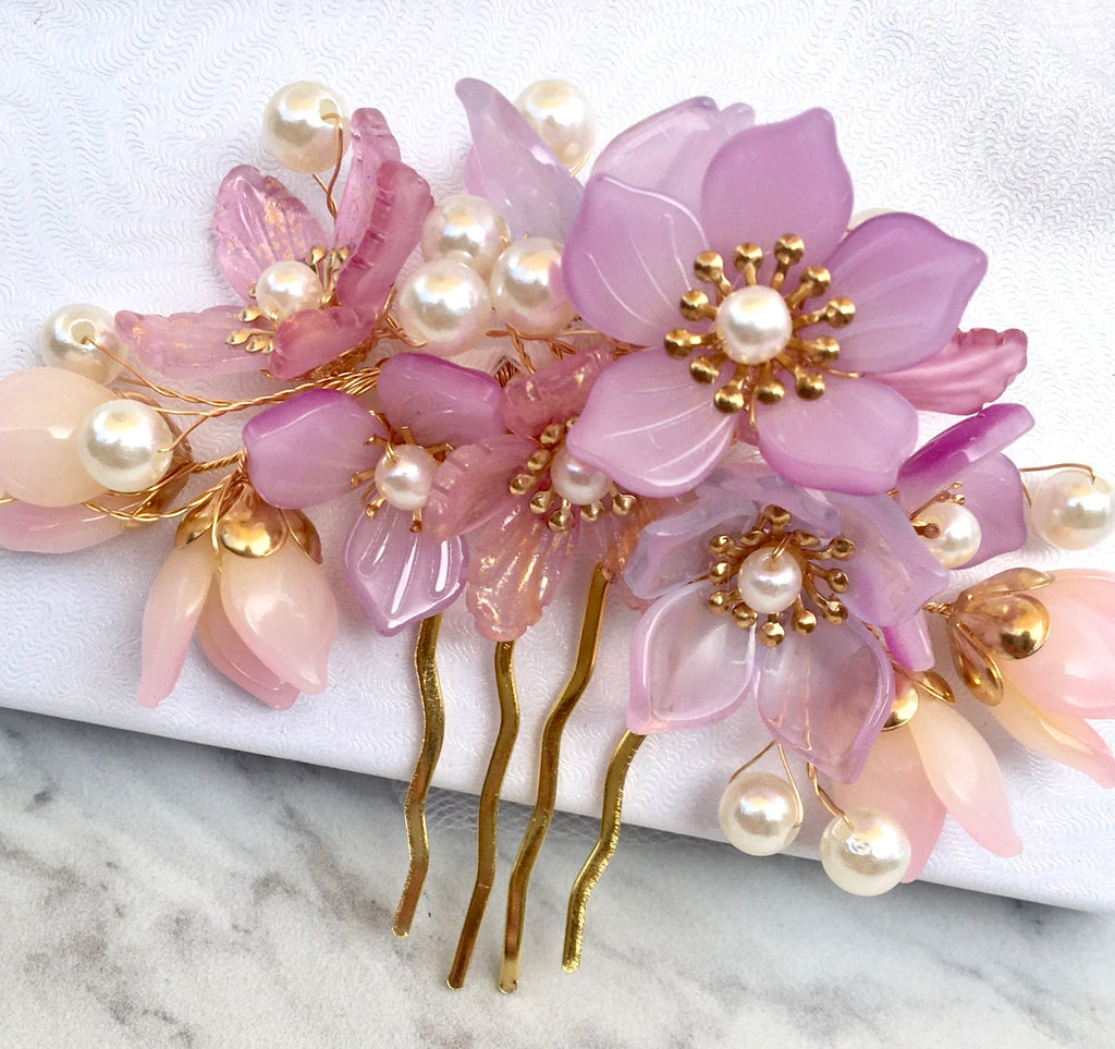 Wedding Hair Accessories - Pink Pearl and Glass Flowers Bridal