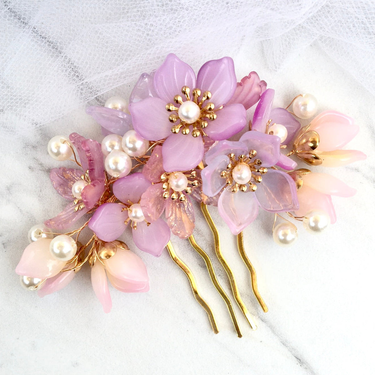 Wedding Hair Accessories - Pink Pearl and Glass Flowers Bridal