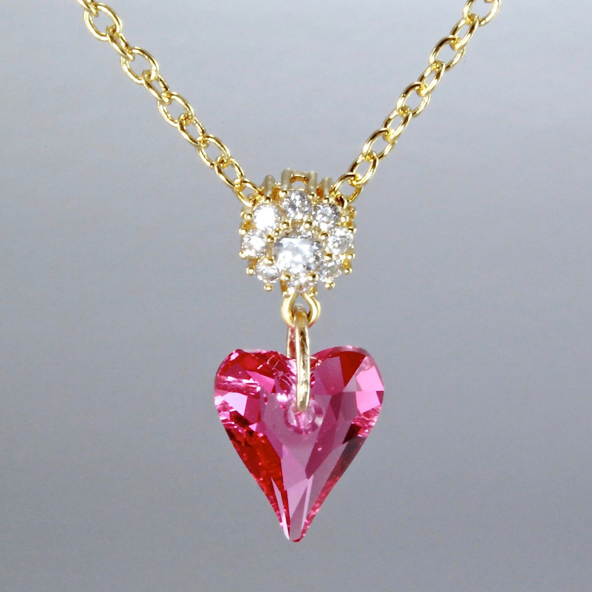 Gold Pink Crystal Heart Necklace