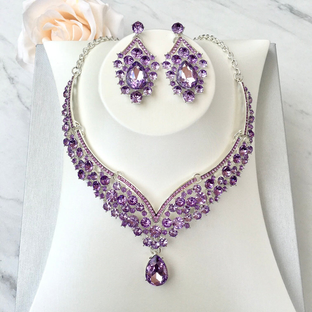 Wedding Jewelry and Accessories - Purple Crystal 3-Piece Bridal Jewelry Set With Tiara - Available in Silver and Gold