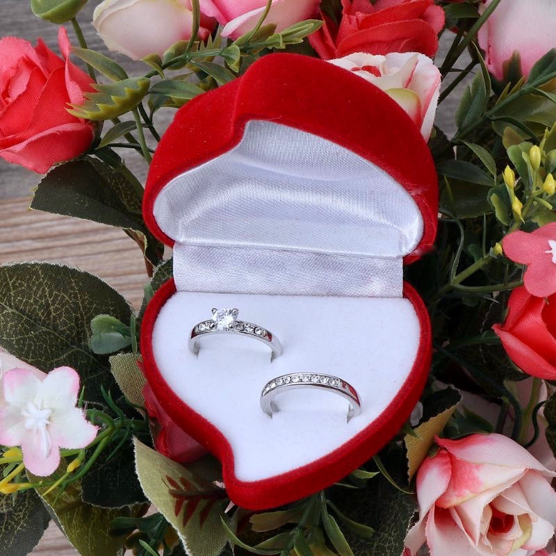 Wedding -  Red Heart-Shaped Velvet Double Ring Box