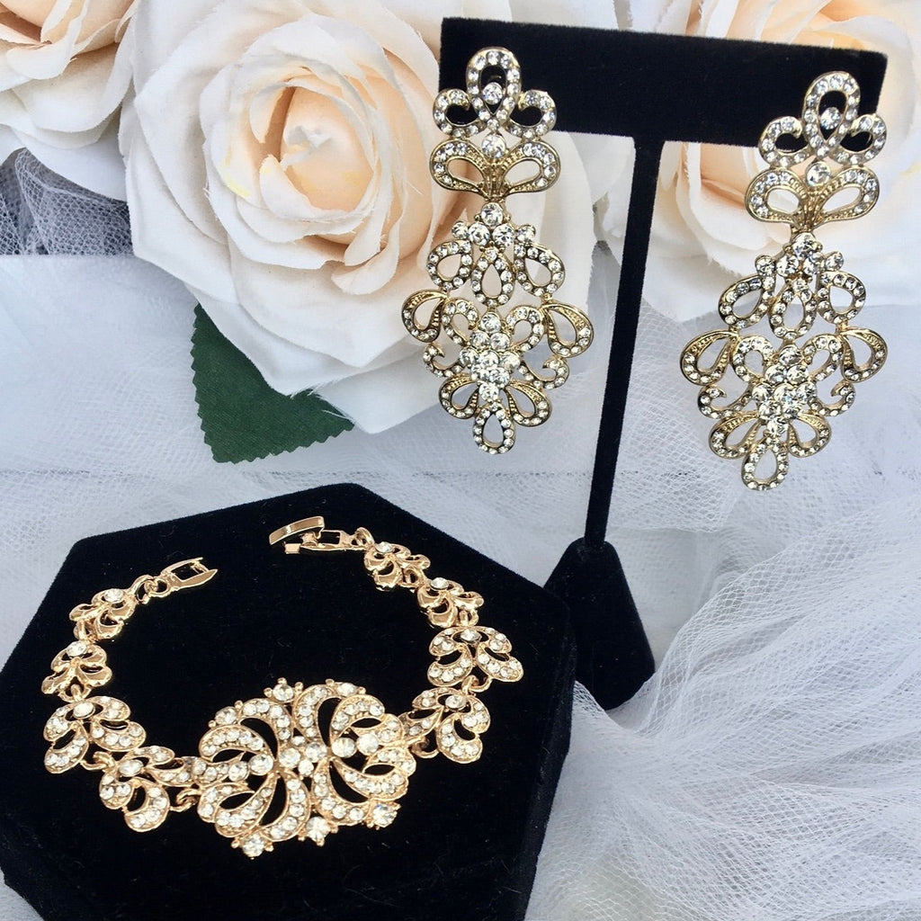 Wedding Jewelry - Cubic Zirconia Bridal Bracelet and Earrings Set - Available in Silver and Gold