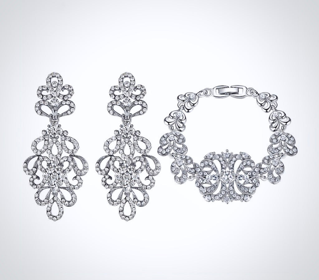Wedding Jewelry - Cubic Zirconia Bridal Bracelet and Earrings Set - Available in Silver and Gold