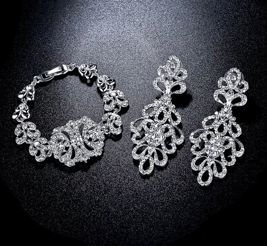 Wedding Jewelry - Cubic Zirconia Bridal Bracelet and Earrings Set - Available in Silver and Gold
