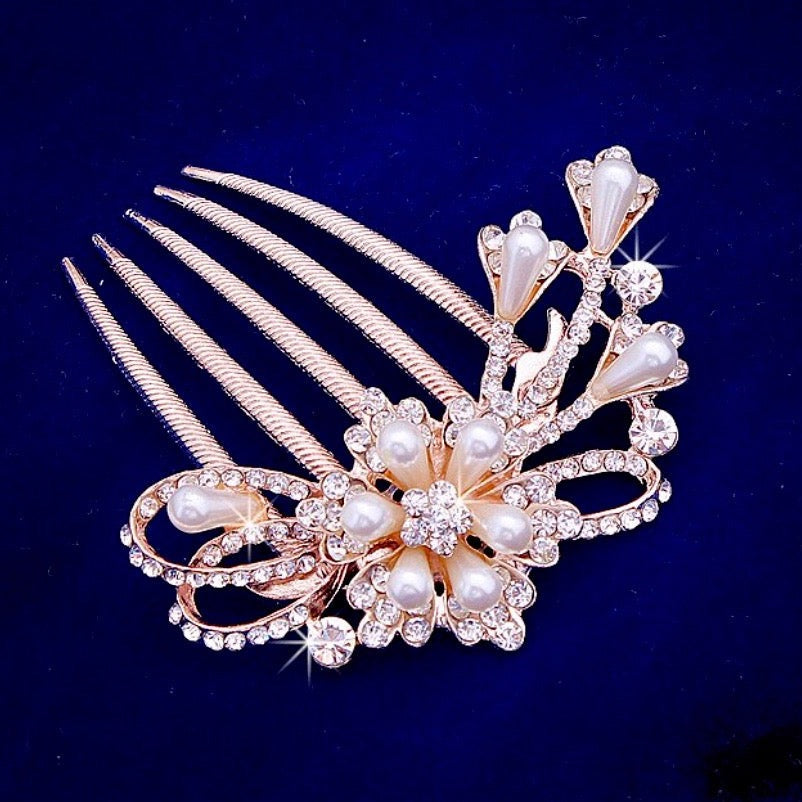 Wedding Hair Accessories - Pearl and Crystal Rose Gold Bridal Hair Comb 