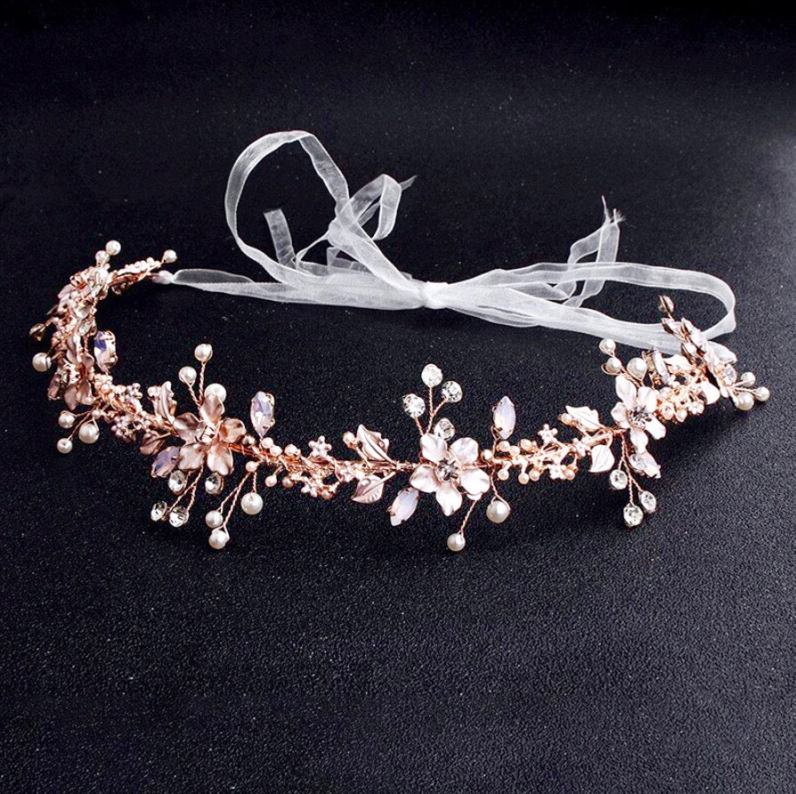 Wedding Hair Accessories - Rose Gold Swarovski Pearl and Opal Bridal Headband