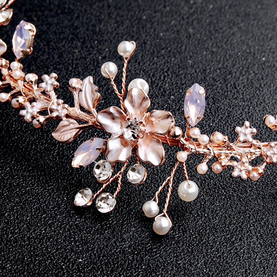 Wedding Hair Accessories - Rose Gold Swarovski Pearl and Opal Bridal Headband