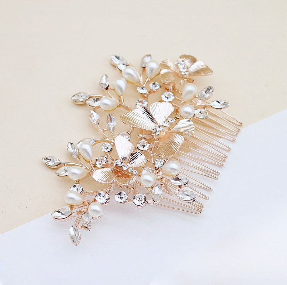 Wedding Hair Accessories - Rose Gold Butterfly Bridal Hair Comb