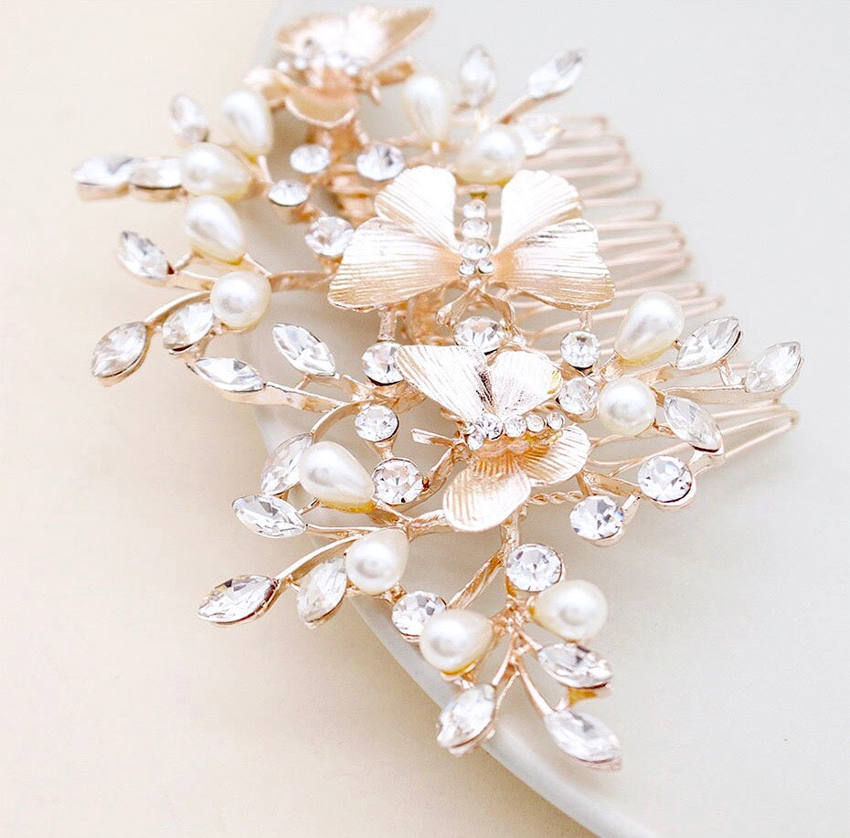 Wedding Hair Accessories - Rose Gold Butterfly Bridal Hair Comb
