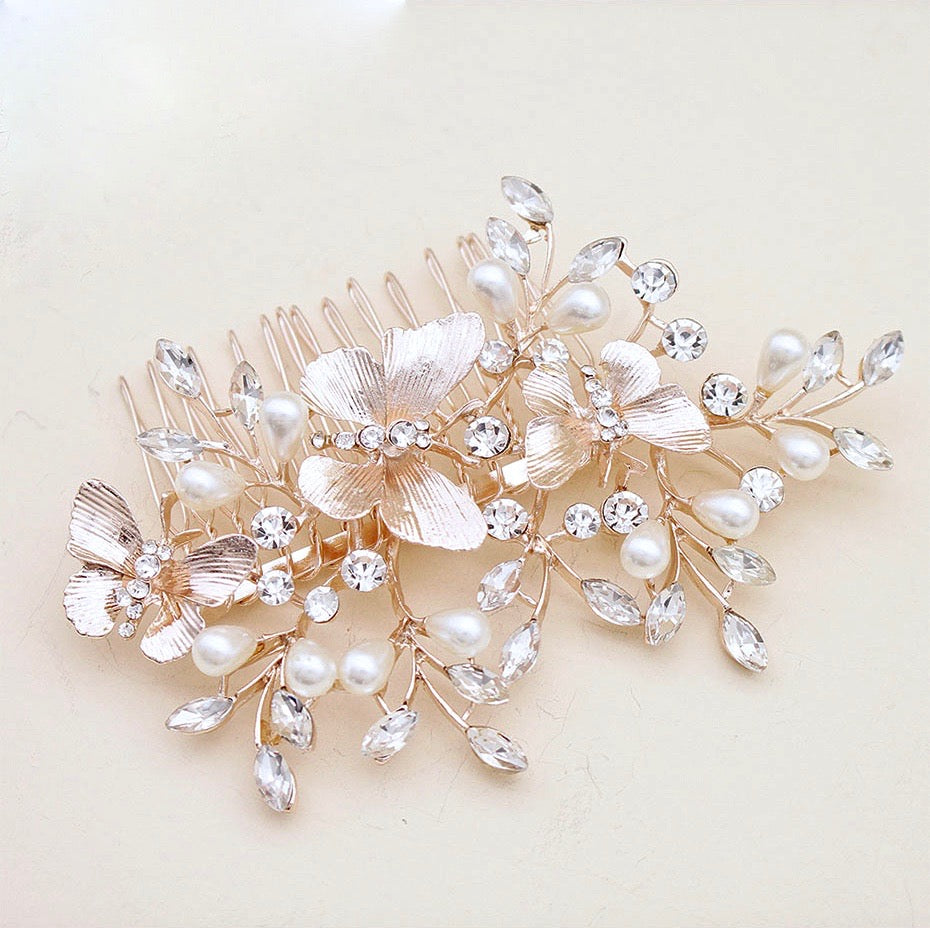 Wedding Hair Accessories - Rose Gold Butterfly Bridal Hair Comb