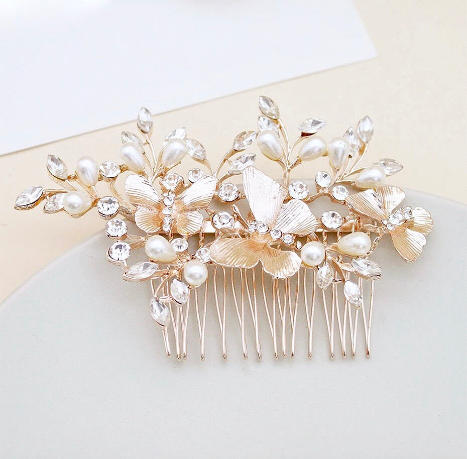 Wedding Hair Accessories - Rose Gold Butterfly Bridal Hair Comb