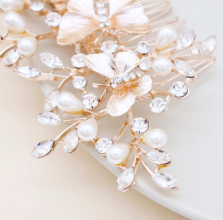 Wedding Hair Accessories - Rose Gold Butterfly Bridal Hair Comb