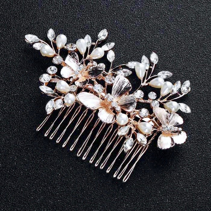 Wedding Hair Accessories - Rose Gold Butterfly Bridal Hair Comb