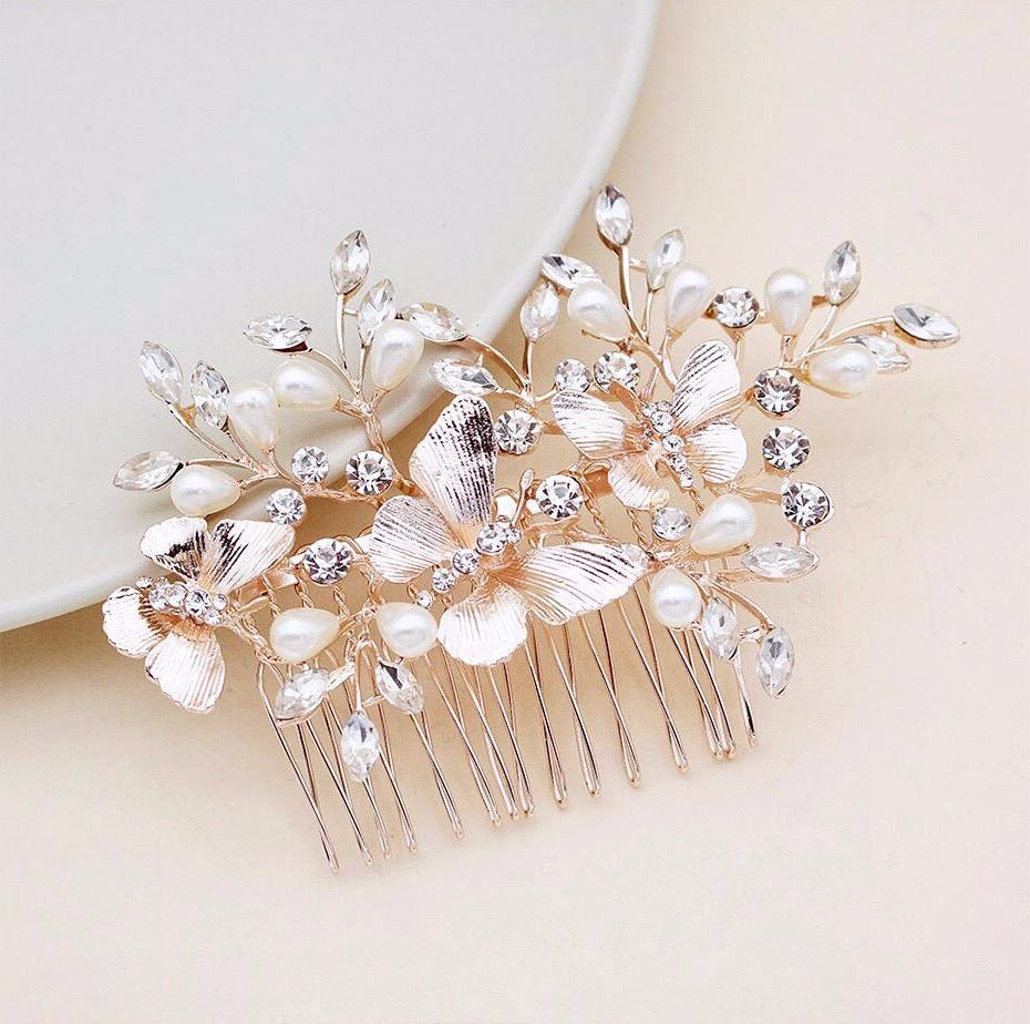 Wedding Hair Accessories - Rose Gold Butterfly Bridal Hair Comb