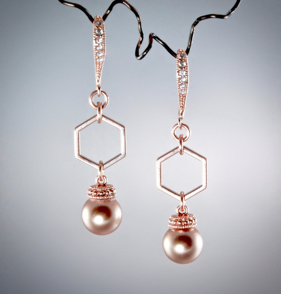 Wedding Jewelry - Swarovski Pearl Rose Gold Geometric Bridal Jewelry Set