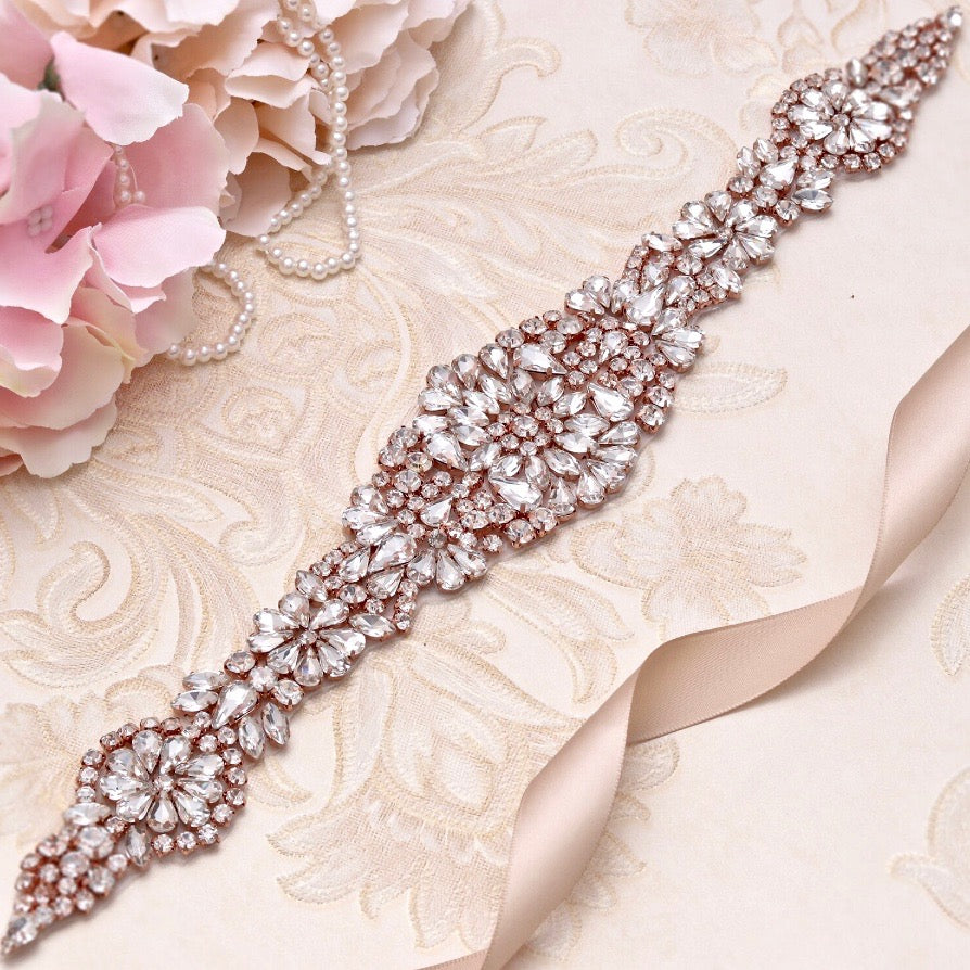 Rose Gold Crystal Bridal Belt Sash – Elegant Wedding Dress
