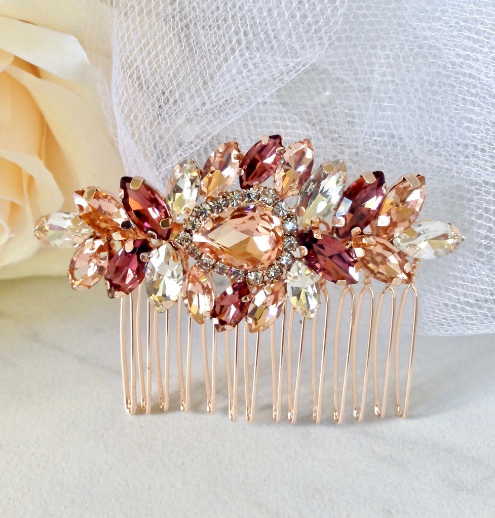 Bridal Party Gifts - Rose Gold Bridal Hair Comb With Matching Earrings