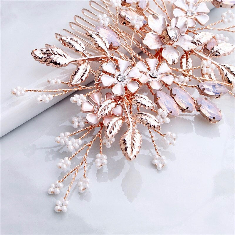 Wedding Hair Accessories - Rose Gold Swarovski Pearl and Opal  Bridal Hair Comb