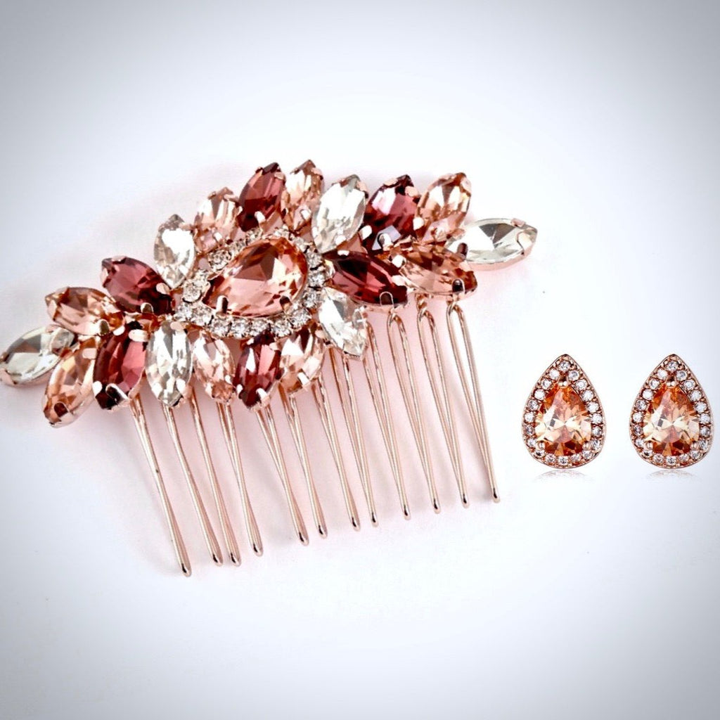 Bridal Party Gifts - Rose Gold Bridal Hair Comb With Matching Earrings