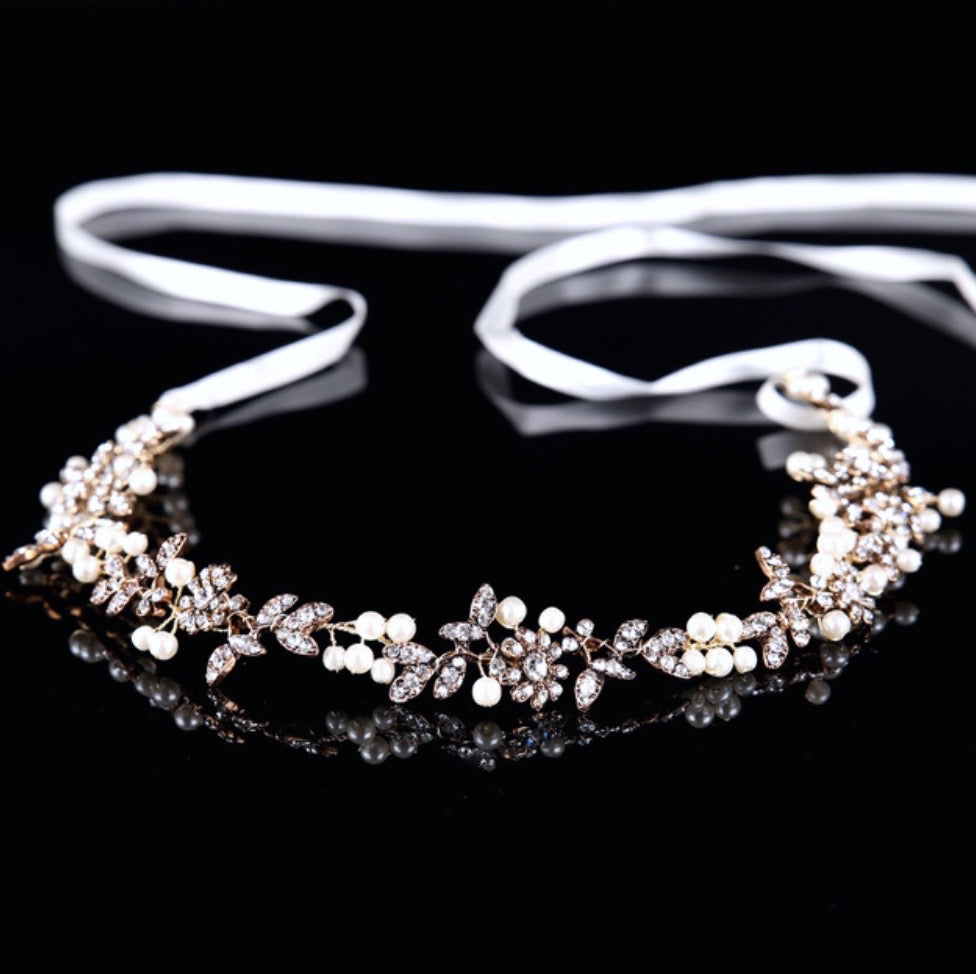 Wedding Hair Accessories - Vintage Gold Pearl and Crystal Bridal Headband