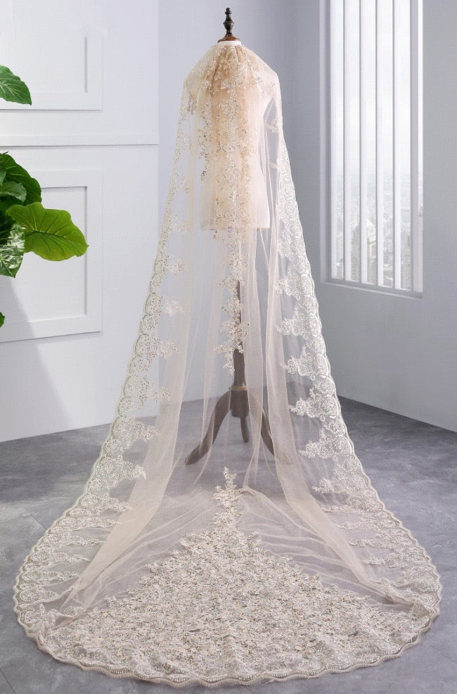 Ivory Tulle Champagne Lace Long Cathedral Wedding Bridal Veil - Princessly