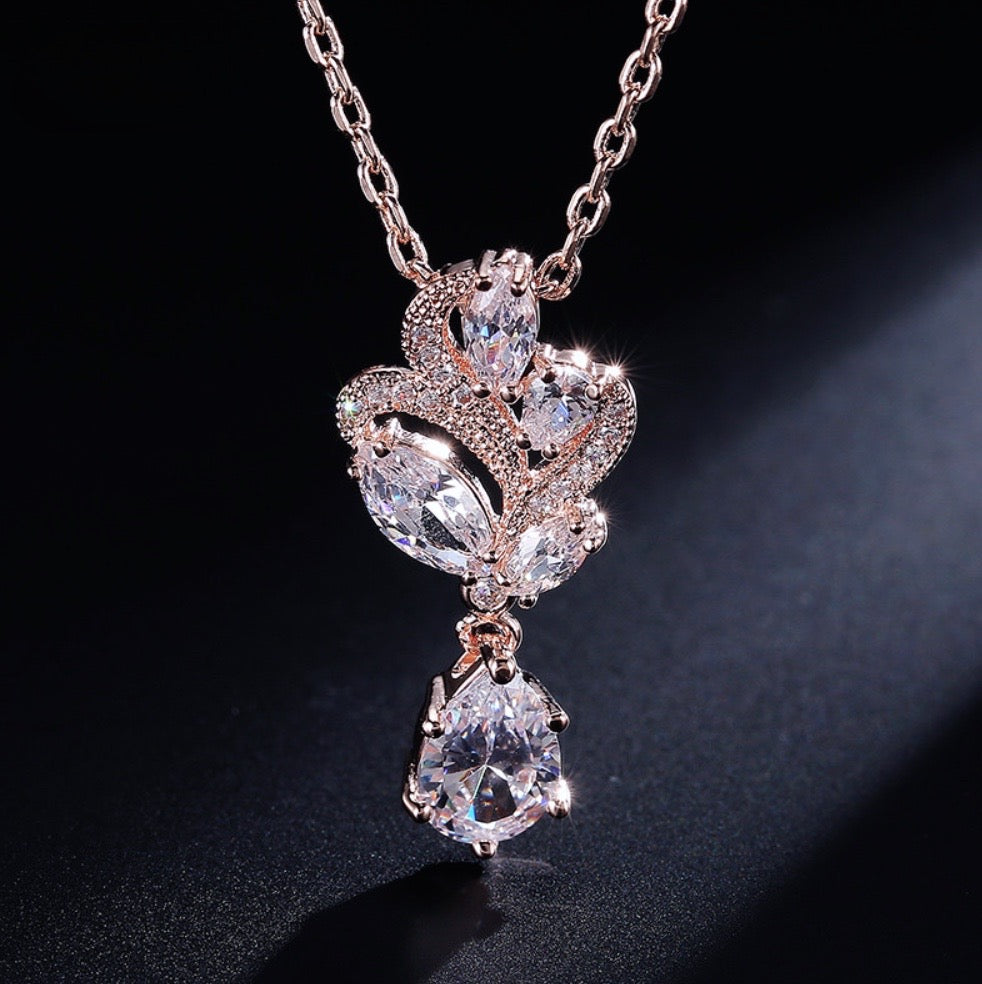 "Lotus" - Cubic Zirconia Bridal Necklace and Earrings Set - Available in Silver and Rose Gold