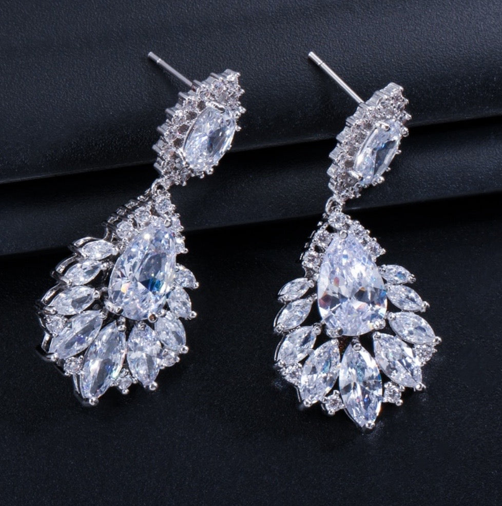 Wedding Jewelry - Silver Cubic Zirconia Bridal Earrings