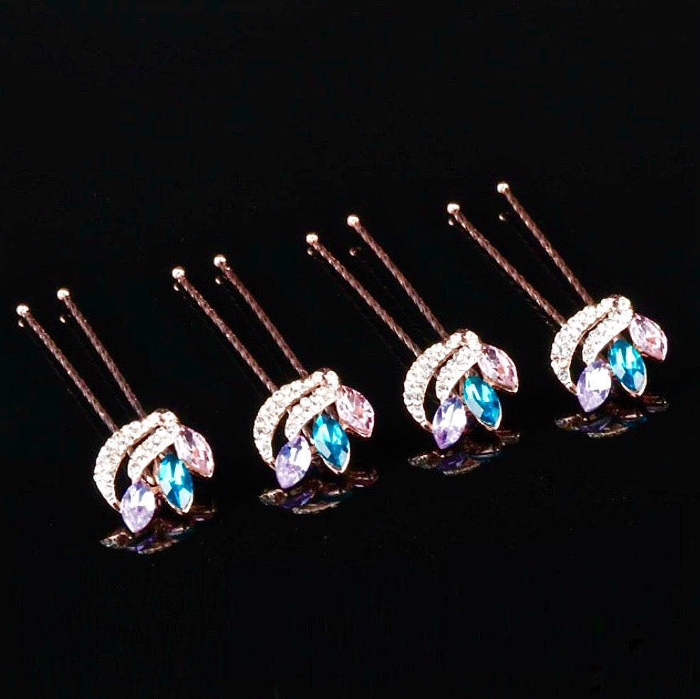 Wedding Hair Accessories - Rose Gold Colorful Crystal Hair Pins - Set of 4