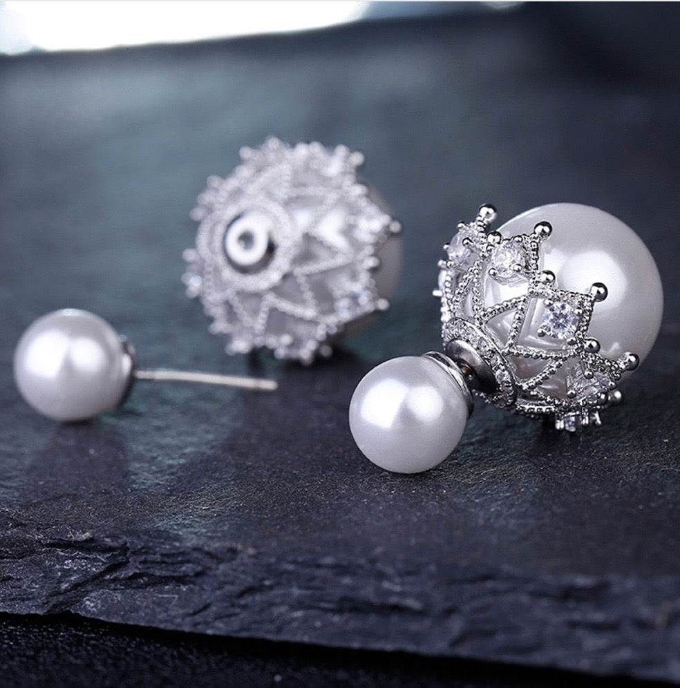 Wedding Jewelry - Double Pearl Bridal Earrings - Available in White and Gray