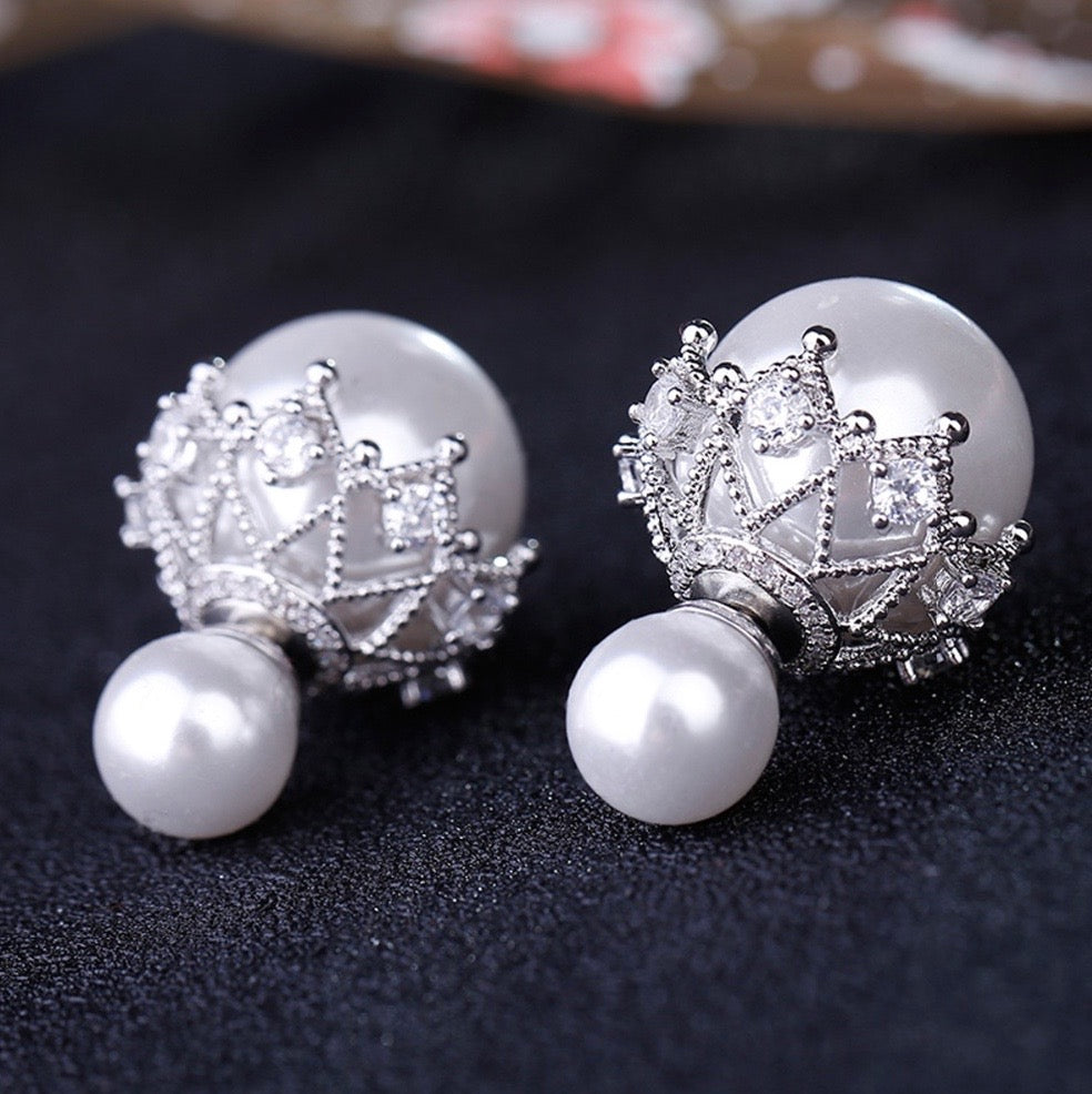 Wedding Jewelry - Double Pearl Bridal Earrings - Available in White and Gray