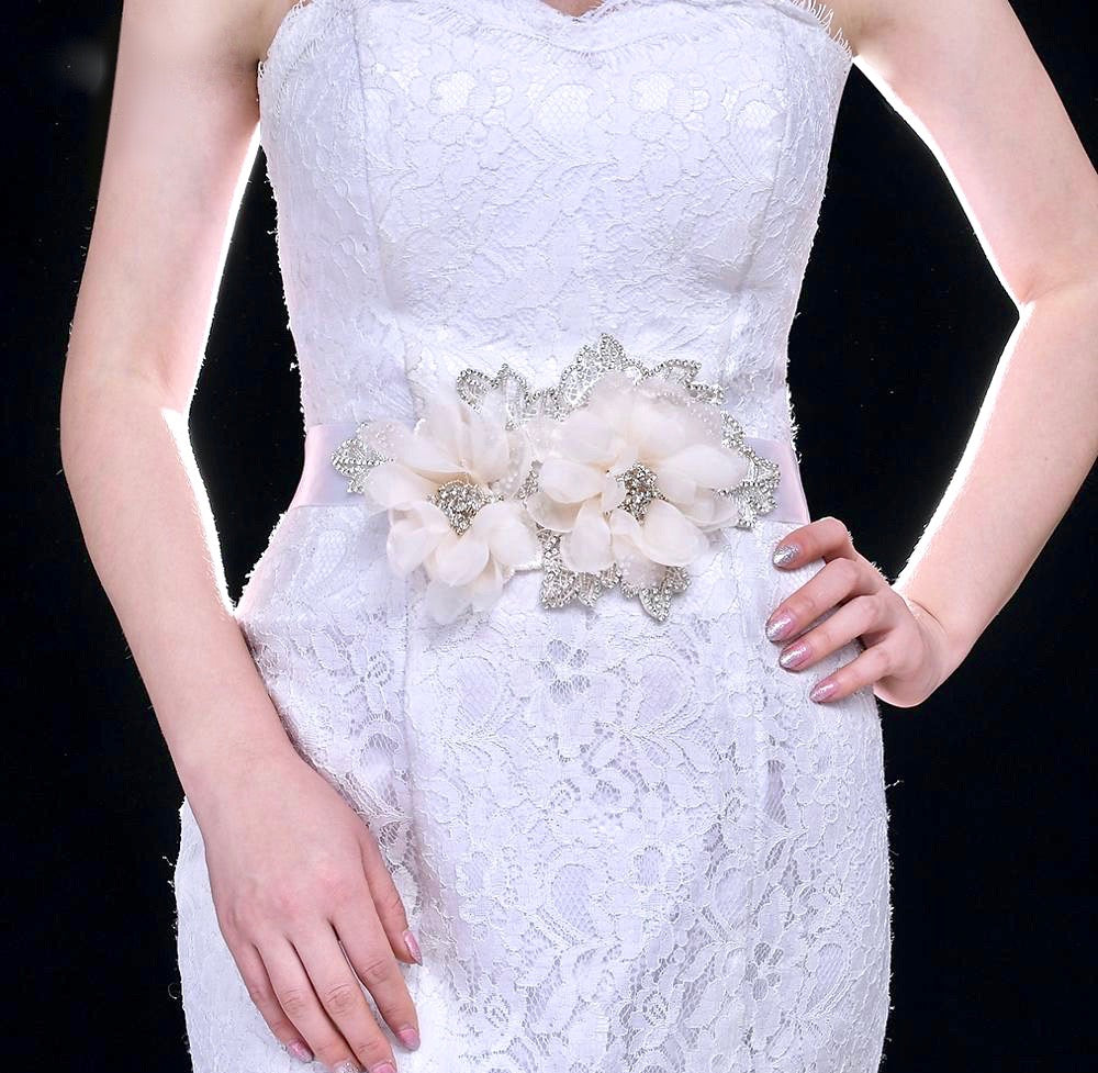 Wedding Accessories - Silk Flowers Crystal Bridal Belt/Sash