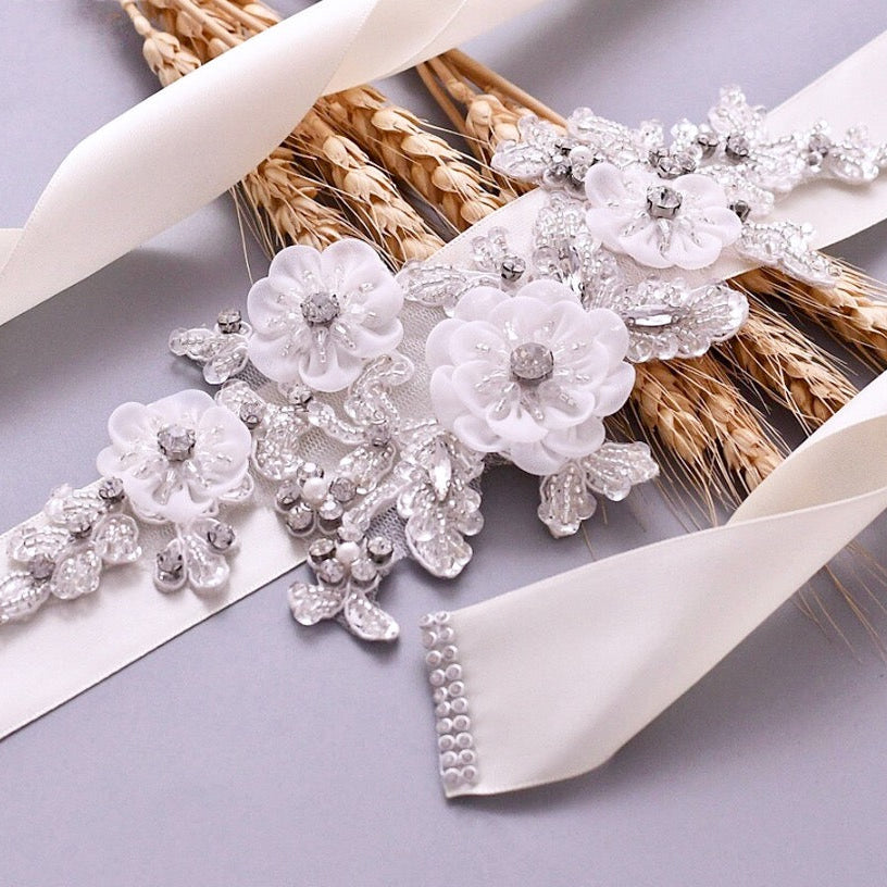 Bernadette Silk Flowers Crystal and Pearl Bridal Belt/Sash