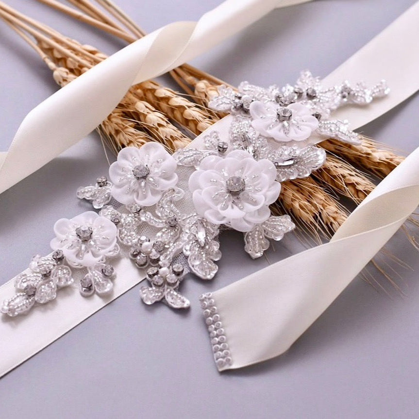 Wedding Accessories - Silk Flowers Crystal and Pearl Bridal Belt/Sash