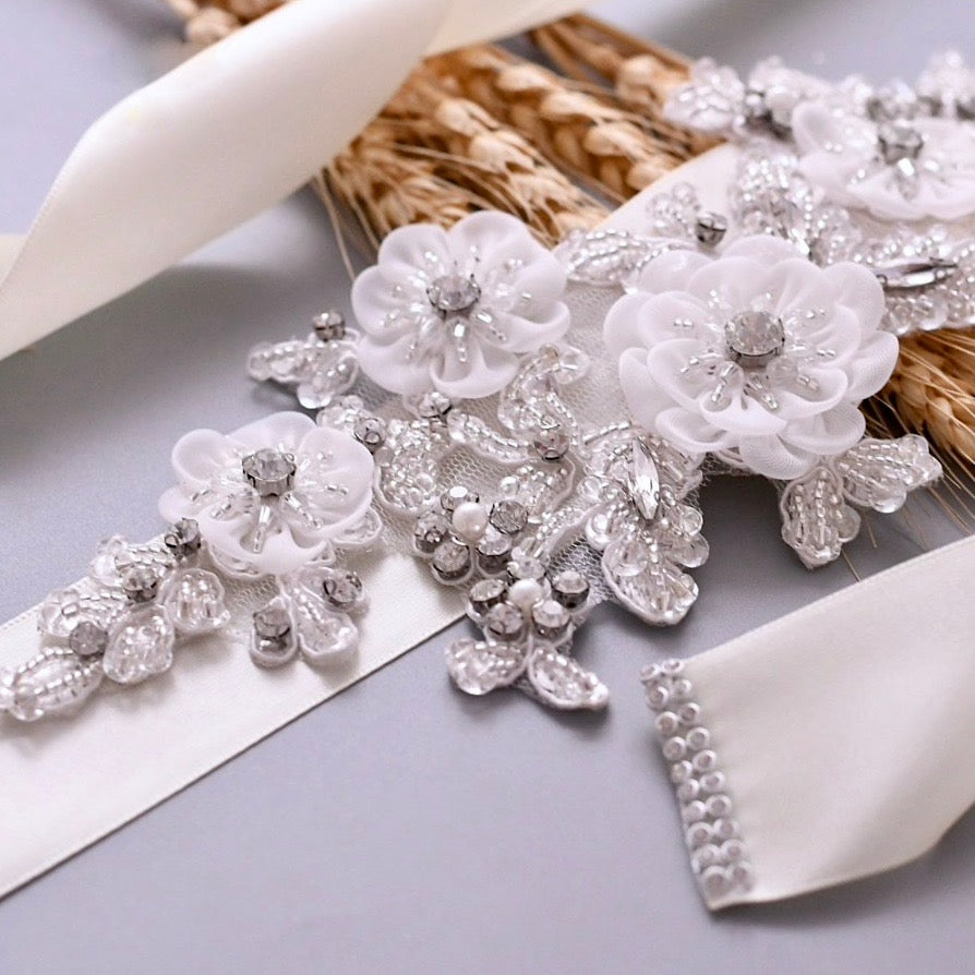 Wedding Accessories Silk Flowers Crystal and Pearl Bridal Belt Sash Ivory Ribbon