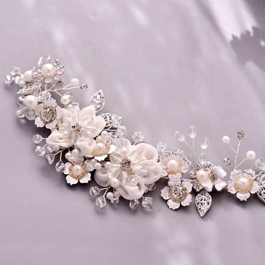 Wedding Accessories - Silk Flowers Crystal and Pearl Bridal Belt/Sash