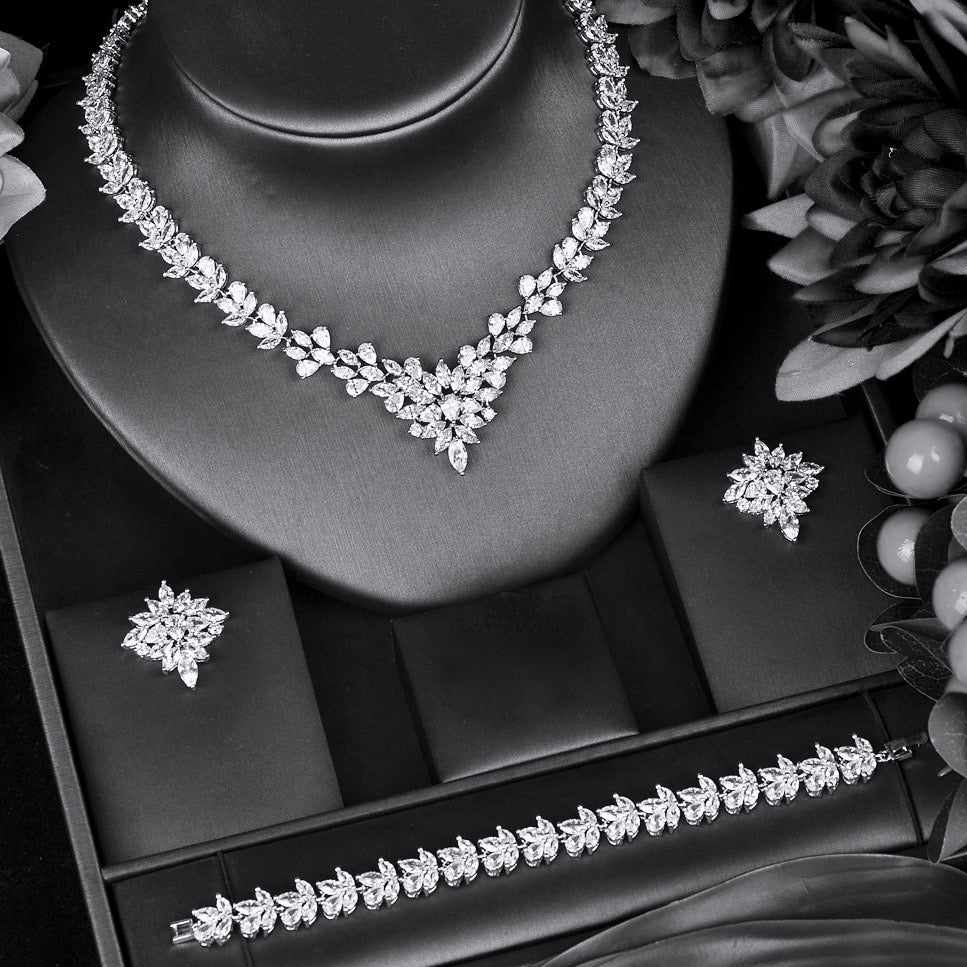 Wedding Jewelry - Silver Cubic Zirconia Bridal Three-Piece Jewelry Set