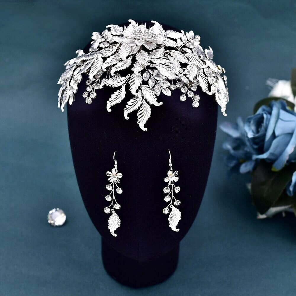 Wedding Headdress - Silver Crystal Bridal Headdress and Earrings Set