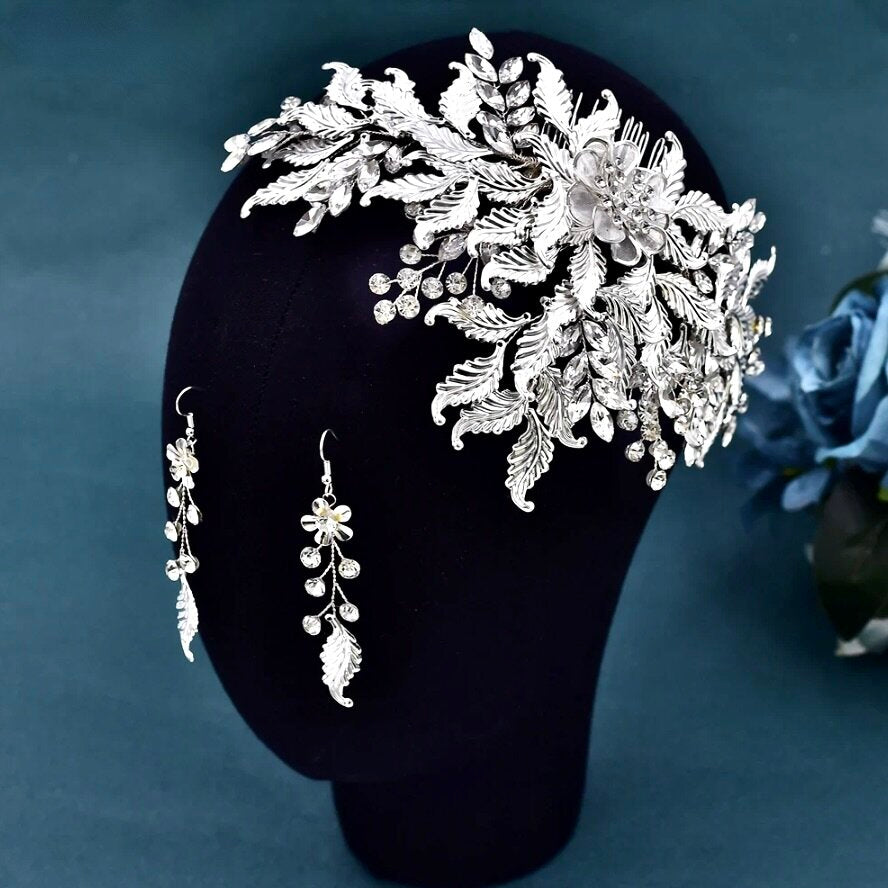 Wedding Headdress - Silver Crystal Bridal Headdress and Earrings Set