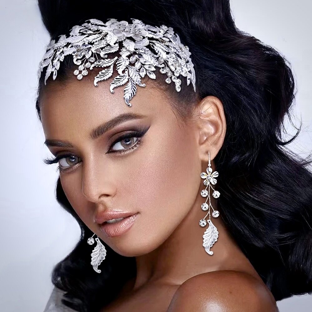 Wedding Headdress - Silver Crystal Bridal Headdress and Earrings Set