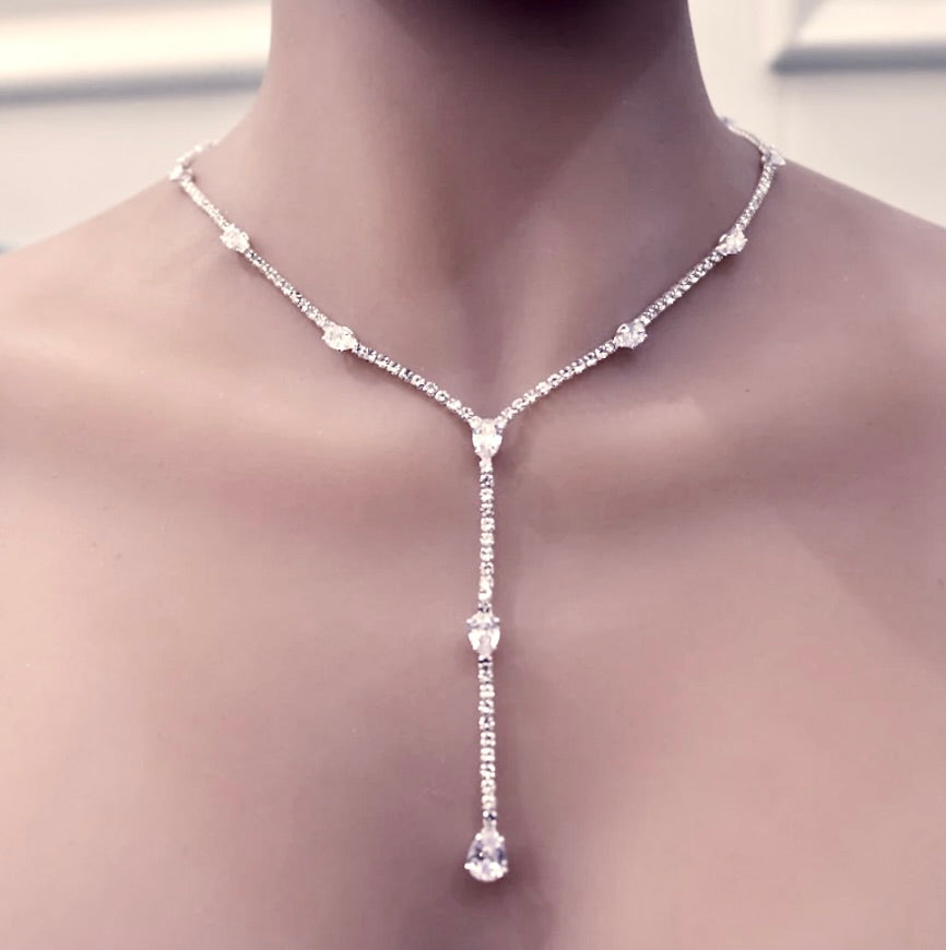 Wedding Jewelry - Silver CZ Bridal Lariat Necklace